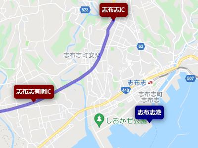 東九州自動車道の志布志インターチェンジと志布志港フェリーターミナルの地図