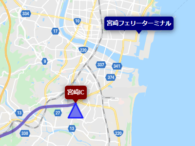 宮崎自動車道の宮崎インターチェンジと宮崎港フェリーターミナルの地図