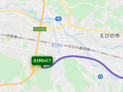 宮崎自動車道のえびのジャンクションとJRえびの駅の地図