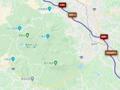宮崎自動車道と高千穂峰・えびの高原・韓国岳・霧島神宮の地図