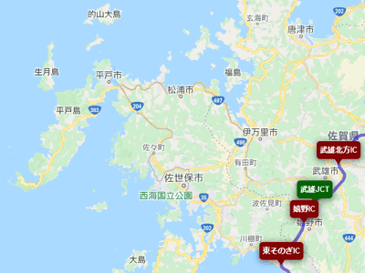 長崎自動車道と伊万里、佐世保、平戸の地図