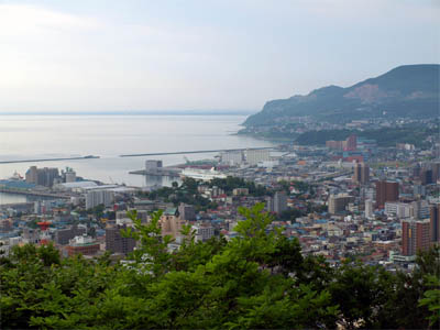 旭展望台から見た小樽市街と小樽港に停泊するフェリー