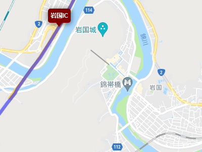 山陽自動車道の岩国インターチェンジと錦帯橋、岩国城の地図