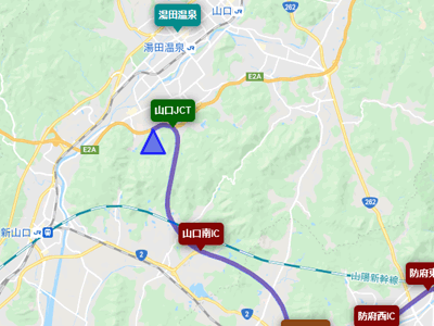 山陽自動車道の終点の山口JCTと湯田温泉の地図