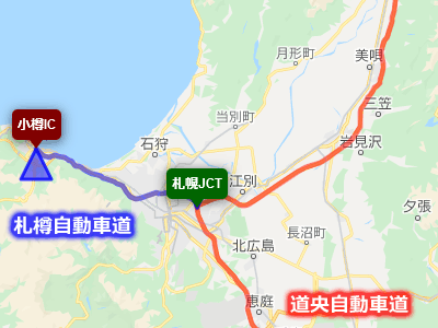 札樽自動車道と道央自動車道が接続している札幌ジャンクションの地図