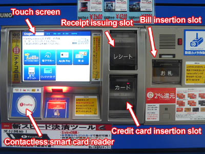日本のセルフサービス式ガソリンスタンドの給油装置の画面と端末