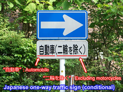 Japanese one-way traffic sign (excluding motorcycles)