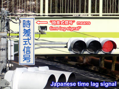 日本の時差式信号と日本語で書かれた標識