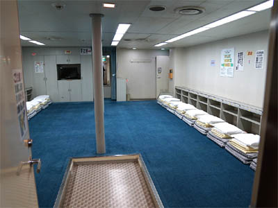 大阪南港と志布志港を結ぶ「さんふらわあ　さつま」の二等部屋（カーペットの大部屋）
