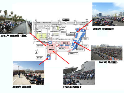 これまでの東京モーターサイクルショーのバイク駐輪場の変移