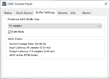 USBオーディオインターフェースUMC1820のUMCコントロールパネル（ASIOバッファサイズの設定画面）