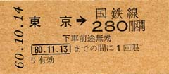 国鉄線の東京駅280円区間の硬券の切符（昭和60年）
