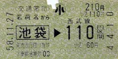 昭和58年の交通営団（地下鉄）の茗荷谷駅から西武線への乗換210円区間の子供用切符（緑色）