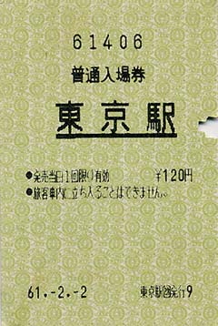 国鉄時代の東京駅の普通入場券（昭和61年）