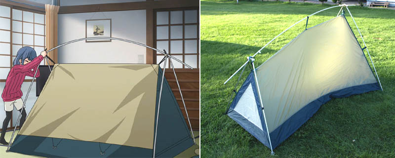 ゆるキャン△ SEASON2の第１話「旅のおともにカレーめん」で志摩リンが部屋の中で組み立てていたモンベル(mont-bell)のテント(Moonlight Tent)のフレームのソケットにテント本体のハンドループを取り付けているところ