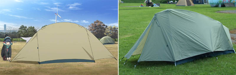 ゆるキャン△ SEASON2の第１話「旅のおともにカレーめん」で志摩リンが部屋の中で組み立てていたモンベル(mont-bell)のテント(Moonlight Tent)を組み立ててフライシートをセットしているところ