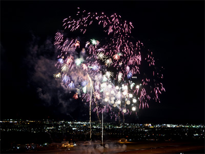 昭和記念公園の花火大会で打ち上げられたカラフルな小割りの千輪の花火と夜景