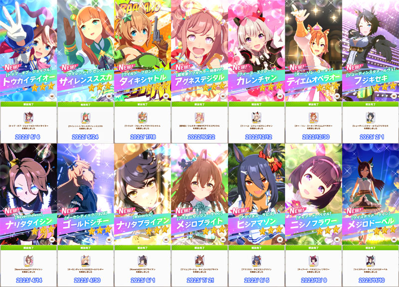 レジェンドレースで集めたピース150個でキャラ解放した14人のウマ娘