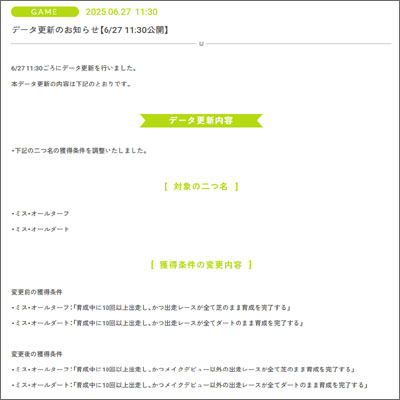 二つ名「ミス・オールターフ」と「ミス・オールダート」の取得条件変更、メイクデビューが除外