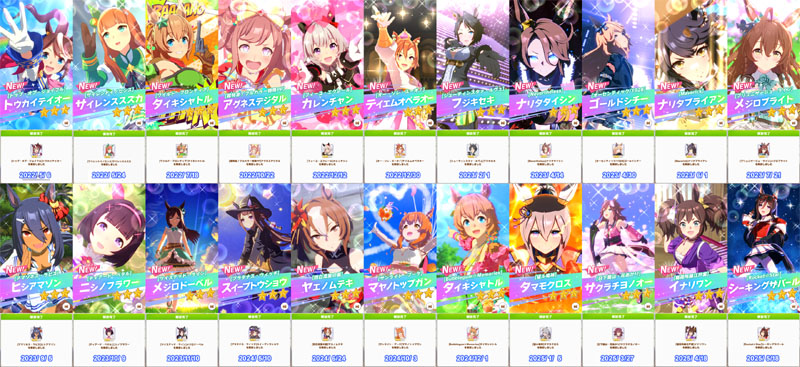 レジェンドレースで集めたピース150個でキャラ解放した22人のウマ娘