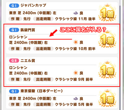 ウマ娘のロンシャンレース場の出走履歴が改行されるように変更されたアップデート