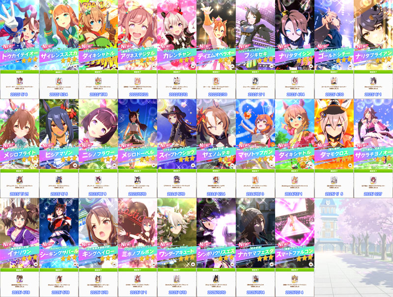 レジェンドレースで集めたピース150個でキャラ解放した28人のウマ娘