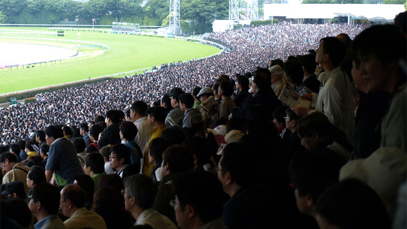 日本ダービー開催時の東京競馬場、大勢の観客で埋め尽くされた観戦スタンド