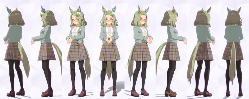 エアメサイアの私服、白のフリルブラウスに淡いグリーンのカーディガン、茶色に青のチェック柄のショートスカート、黒のストッキングに茶色のローファー、胸元にネックレス