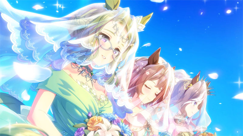 ストーリーイベント「青水無月の花浜匙」より、ウエディングドレス姿のエアメサイア、ラインクラフト、デアリングハートの3人