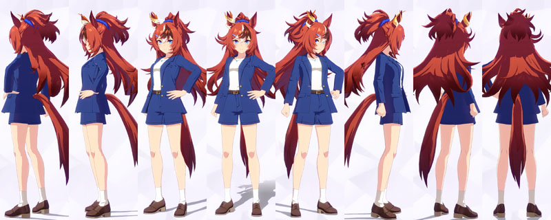 バブルガムフェローの私服、白のインナーにブルーのジャケット、同色のショートパンツに茶色のベルト、白のソックスに茶色のローヒール、水色のペンダント