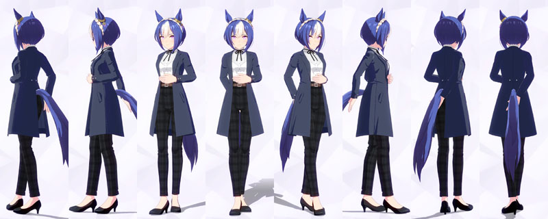 シーザリオの私服、白のノーカラーシャツにリボンタイ、淡いブルーで丈の長いジャケット、黒のチェック柄のスキニーパンツに茶色のベルト、黒のパンプス