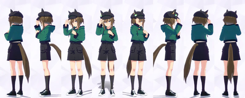 シュヴァルグランの私服、緑のフード付きパーカーに黒のショートパンツ、グレーのソックスに白黒のスニーカー、魚のワッペンが付いた帽子