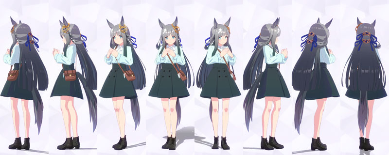 クロノジェネシスの私服、明るいグリーンのブラウスに白のスカーフリボンタイ、濃い緑のボックスプリーツスカート、黒のレースアップアンクルブーツ、ハロン棒とゴール板のアクセサリーを付けたポシェット