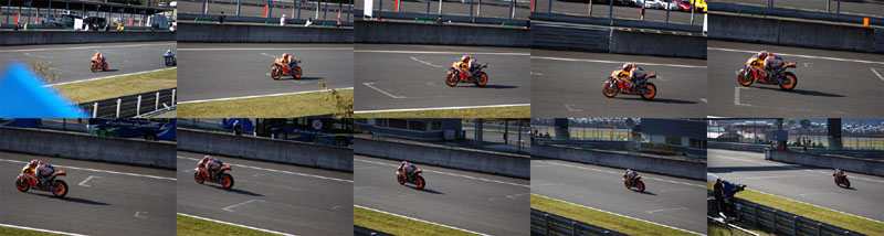 連続撮影の失敗例（MotoGP）、バイクの動きについていけずカメラのパンが遅れている