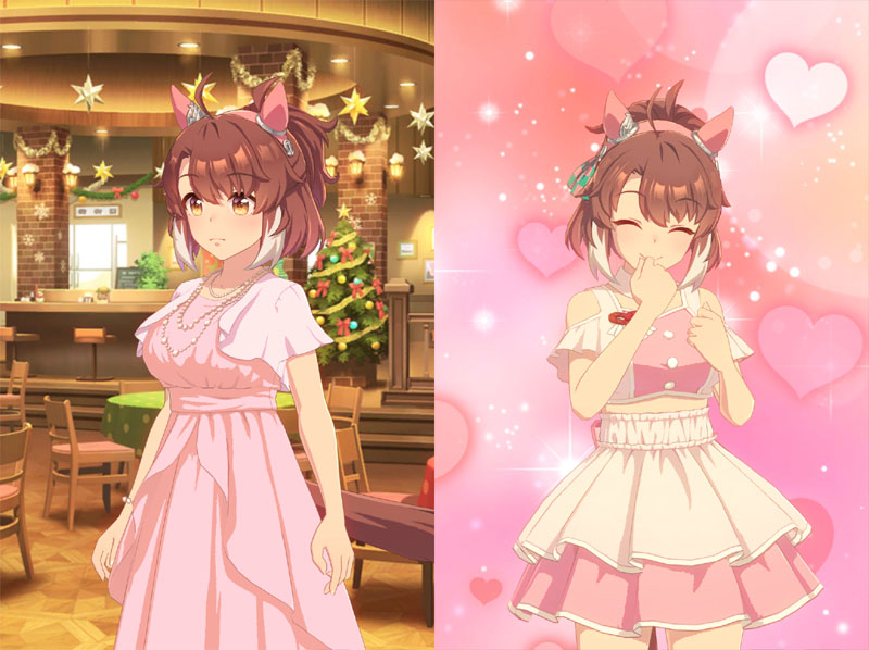 クリスマスイベントに登場するドレス姿のダンツフレームとファン感謝祭に登場するアイドルコスの可愛いダンツフレーム
