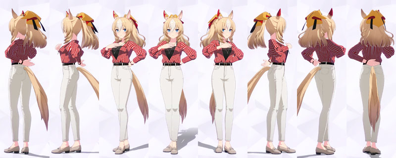 デュランダルの私服、濃い茶色のインナーに紅白ストライプのワイドオープンシャツのレイヤード、ホワイトデニムのスリムパンツに黒のベルト、ベージュ―のローファー