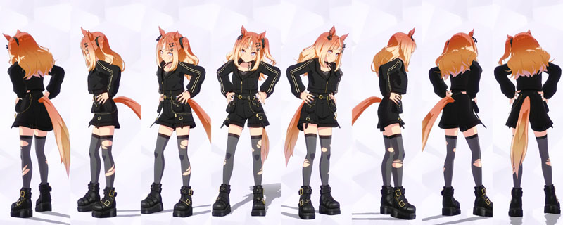 エスポワールシチーの私服、グレーのインナーに縦ラインが入った黒のジャケット、カーゴポケット付きの黒のショートパンツに黒のベルト、グレーのダメージストッキング、厚底のショートブーツ