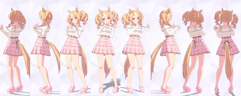 フサイチパンドラの私服、セーラーカラーのオフショルダーブラウス、ピンクでチェック柄のプリーツミニスカートにハートのアクセサリーが付いたグレーのベルト、ピンクのメリージェーン