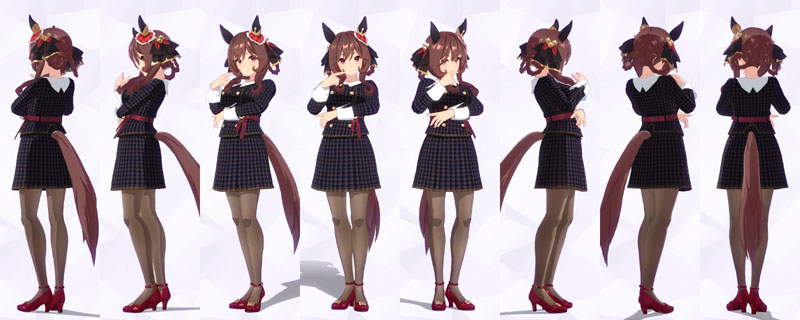 ジェンティルドンナの私服、紺と淡い紫色のハウンドトゥースのスーツに蹄鉄型のアクセサリーが付いたリボンベルト、茶色のストッキングに赤のアンクルストラップハイヒール