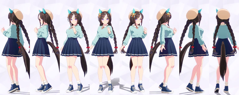 ホッコータルマエの私服、白のシャツにピンクのリボンタイ、ミントグリーンのカーディガン、青地に白ラインのプリーツスカート、白のソックスに青のスニーカー