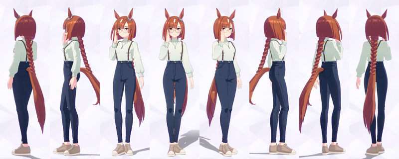 イクノディクタスの私服、トップスが淡いグリーンのハイネックでボトムスが紺色のスリムパンツに茶色のサスペンダー、ベージュのスニーカー