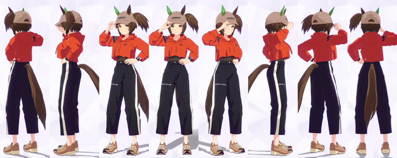 アイネスフウジンの私服、茶色のインナーに赤色のパーカー、黒のトラックパンツ、素足に茶色のスニーカー、茶色のキャップ
