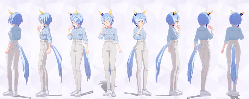 ケイエスミラクルの私服、淡い青のデニムシャツにホワイトグレーのデニムパンツ、水色のソックスに白のスニーカー
