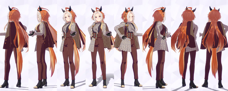 オルフェーヴルの私服、柄物のワンピースにノーカラーのダブルブレストベスト、羽織っただけの茶色のジャケットと同色のパンツ、濃いグレーのショートブーツ、黒のグローブ、胸元には派手な金色のアクセサリー