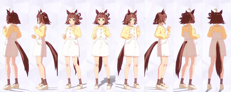 ラインクラフトの私服、黄色のトップスに白のジャンパースカート、茶色のソックスに淡いクリーム色のスニーカー、手作りのネックレス