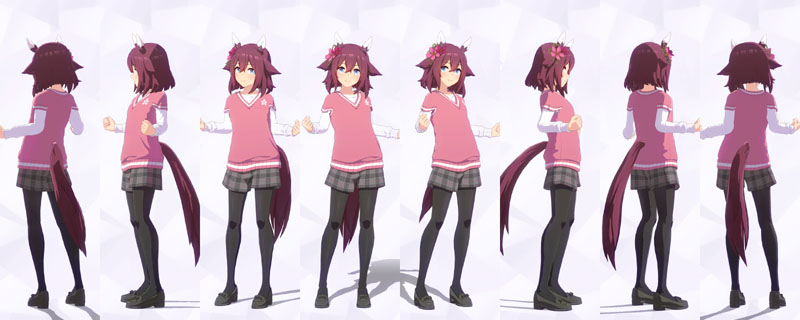 サクラチヨノオーの私服、白のインナーに桜のエンブレムが描かれたピンクのニットベスト、チェックのショートパンツに黒のタイツ、黒のローファー