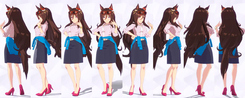 シーキングザパールの私服、白とピンクのストライプのシャツに紺のミニスカート、腰に水色のカーディガン巻き、濃いピンクのハイヒール、アクセサリーはパールのネックレスと左腕に金のブレスレット