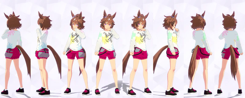 シンコウウインディの私服、柄付きのペイントシャツに濃いピンク色のバルーンショートパンツ、ショートソックスに黒のベルクロスニーカー