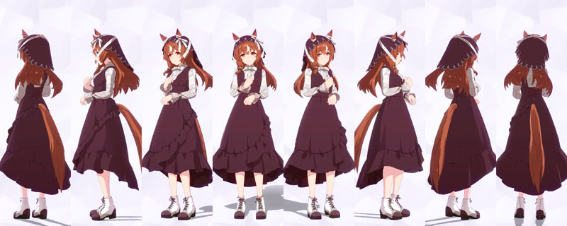 スティルインラブの私服、淡い赤紫色に白の薔薇模様が描かれたボウタイブラウスにハート型のブレスレット、赤紫色のラッフルスカートのワンピース、白のレースアップブーツ、赤紫色のバブーシュカ