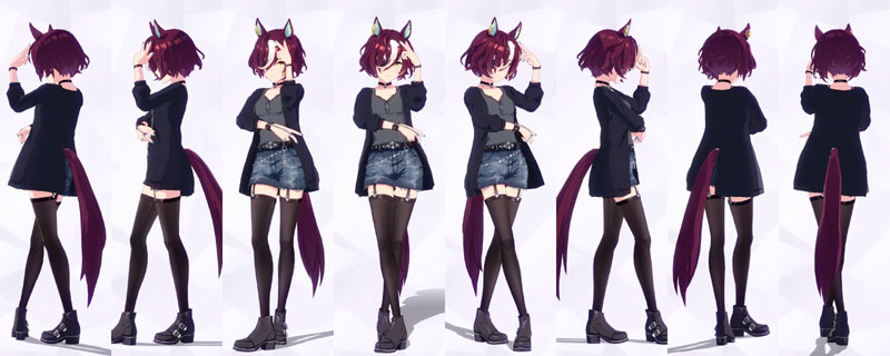 タニノギムレットの私服、茶色のインナーにグレーのシャツと紺色のジャケット、デニムのショートパンツに派手なバックルが付いたベルトとウォレットチェーン、ガーターベルト付きのストッキングに濃い紫色のアンクルブーツ